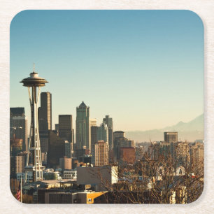 Porta-copo De Papel Quadrado Skyline de Seattle e agulha do centro do espaço