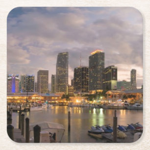 Porta-copo De Papel Quadrado Skyline financeira de Miami no crepúsculo