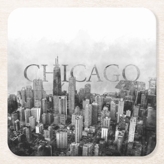Porta-copo De Papel Quadrado Skyline Sketch Chicago (Frente)