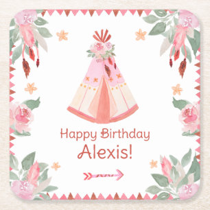 Porta-copo De Papel Quadrado Sleepover Slumber Party Girl Pink Teepee Aniversár