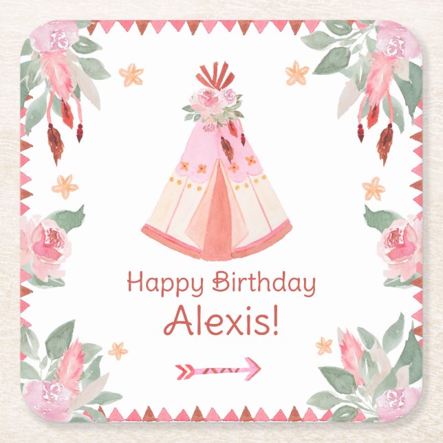 Porta-copo De Papel Quadrado Sleepover Slumber Party Girl Pink Teepee Aniversár (Frente)