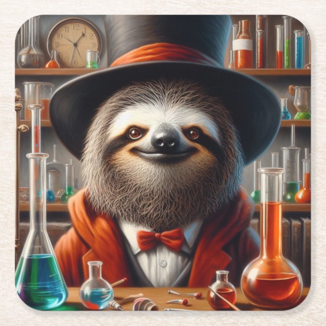 Porta-copo De Papel Quadrado Sloth Mad Scientist (Frente)
