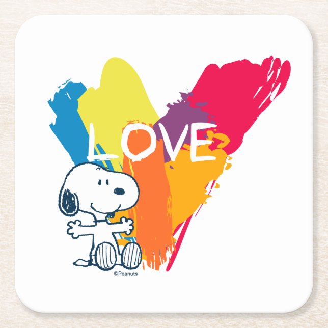 Porta-copo De Papel Quadrado Snoopy | Coração Rainbow Love (Frente)
