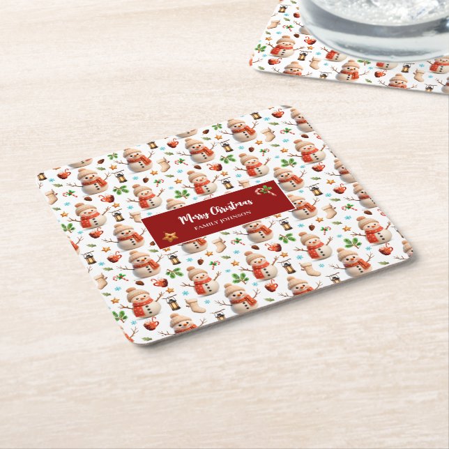 Porta-copo De Papel Quadrado Snowman Winter Holiday - Merry Christmas (Inclinado)