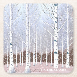 Porta-copo De Papel Quadrado Snowy Birch Trees Christmas Dusty Blue ID1003
