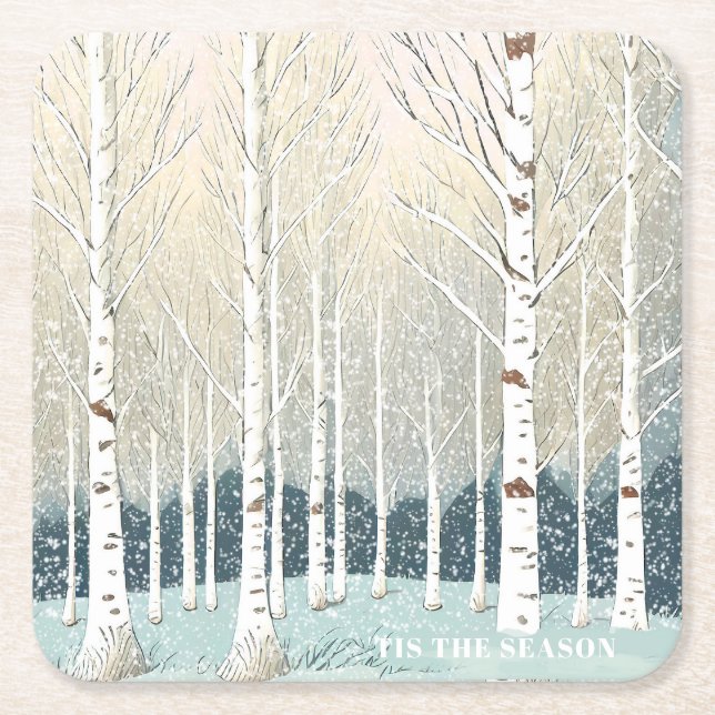 Porta-copo De Papel Quadrado Snowy Birch Trees de Natal ID1003 (Frente)