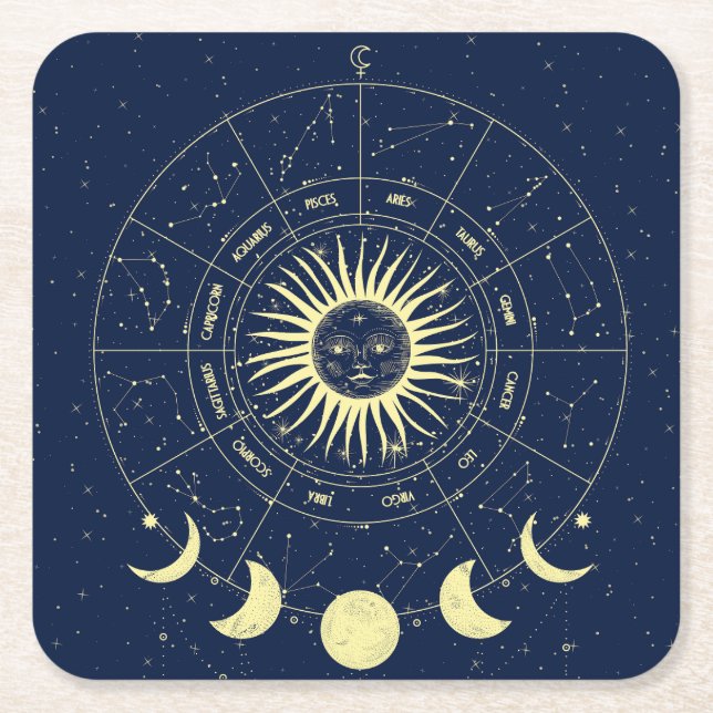 Porta-copo De Papel Quadrado Sol Celestial Fases da Lua Zodíaco (Frente)
