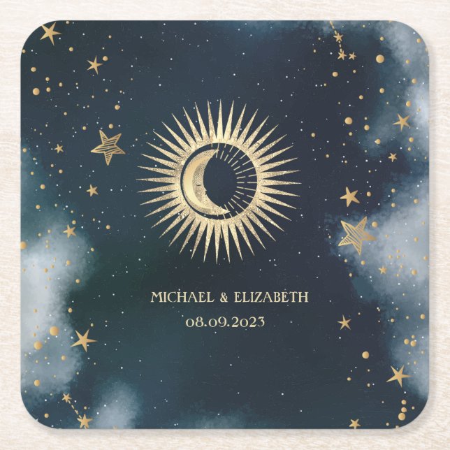Porta-copo De Papel Quadrado Sol Dourado Celestial,Lua,Estrelas Céu Noturno (Frente)