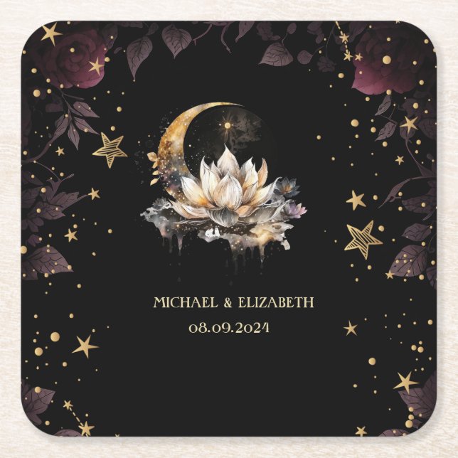 Porta-copo De Papel Quadrado Sol Dourado Celestial,Lua,Estrelas Rosas Céu Notur (Frente)