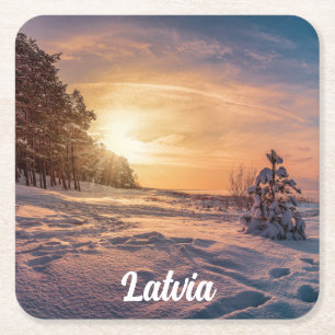 Porta-copo De Papel Quadrado Sol sobre neve, costa marítima de inverno