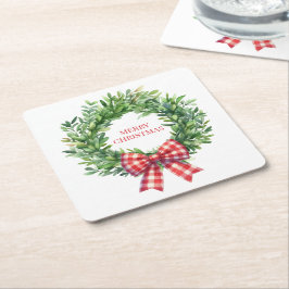 Porta-copo De Papel Quadrado Solha Verde De Aquarela Com Arco De Gingham Vermel