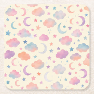Porta-copo De Papel Quadrado Sonhos do Céu Pastel - Lua, Estrelas e Nuvens Padr