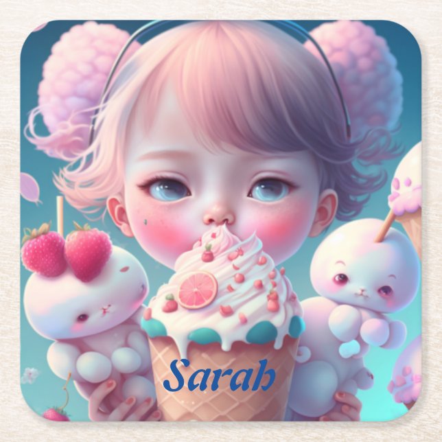 Porta-copo De Papel Quadrado Sorvete Kawaii (Frente)