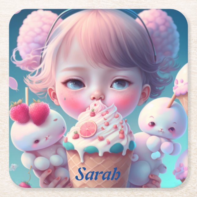 Porta-copo De Papel Quadrado Sorvete Kawaii (Frente)