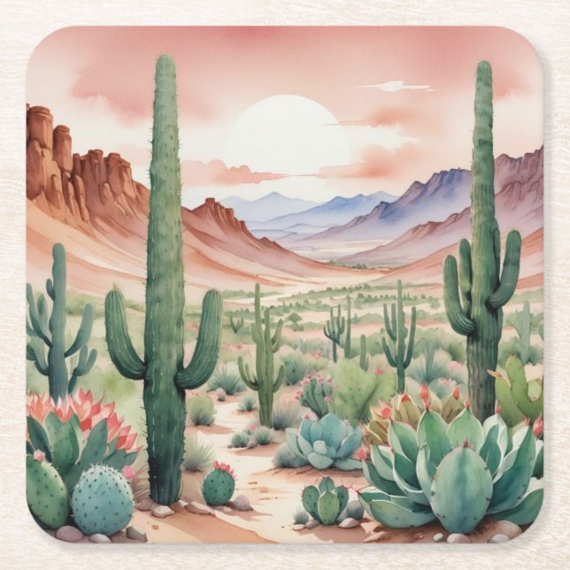 Porta-copo De Papel Quadrado Southwest Desert Cactus Scene  (Frente)