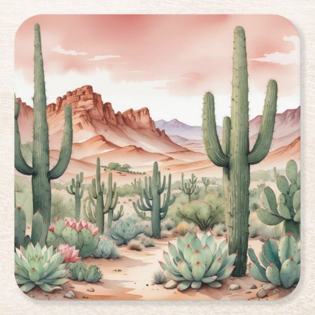 Porta-copo De Papel Quadrado Southwest Desert Cactus Scene  (Frente)