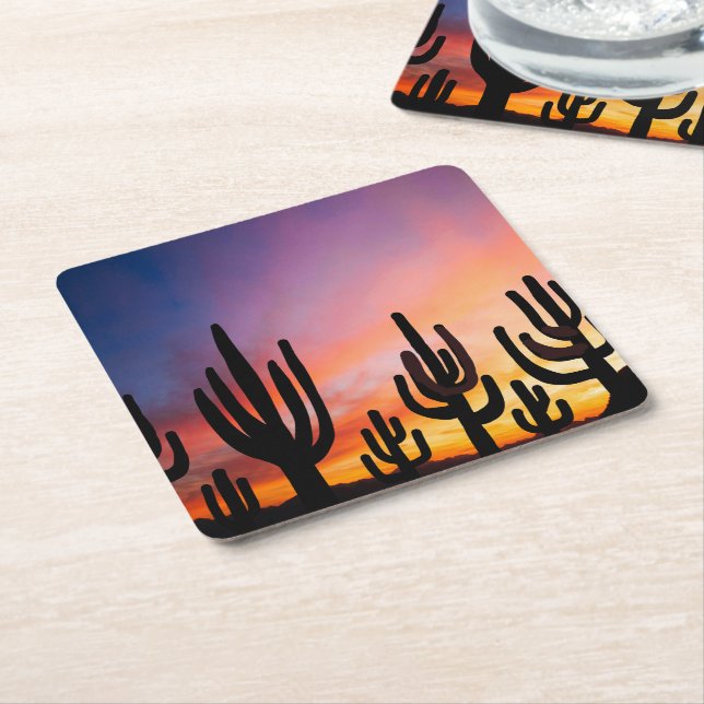 Porta-copo De Papel Quadrado Southwestern Desert Landscape Cactus Sunrise Image (Inclinado)
