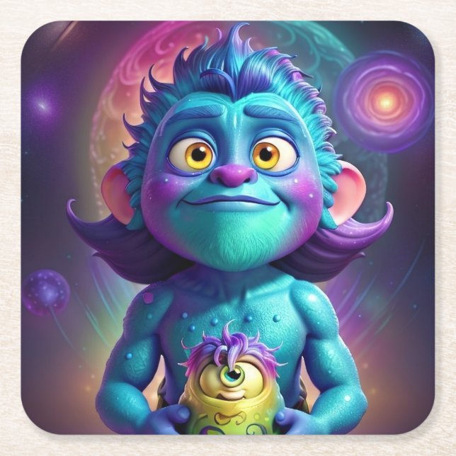 Porta-copo De Papel Quadrado Space Alien & Friend  (Frente)