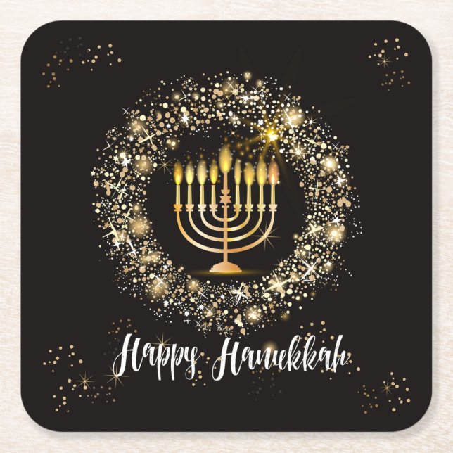 Porta-copo De Papel Quadrado Sparkle Menorah Hanukkah (Frente)