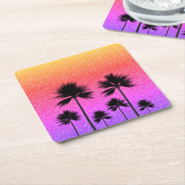 Porta-copo De Papel Quadrado Sparkly Palm Trees Gradient Sunset  (Inclinado)