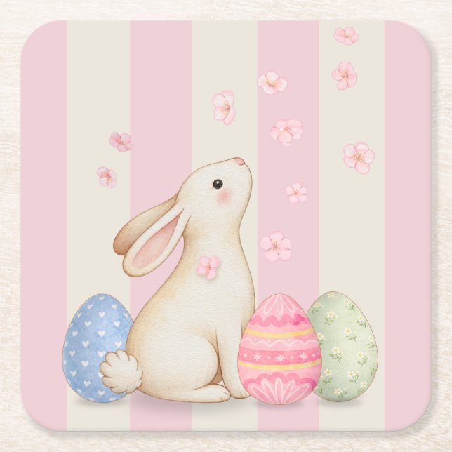 Porta-copo De Papel Quadrado Spring Easter Bunny & Eggs Stripe  (Frente)