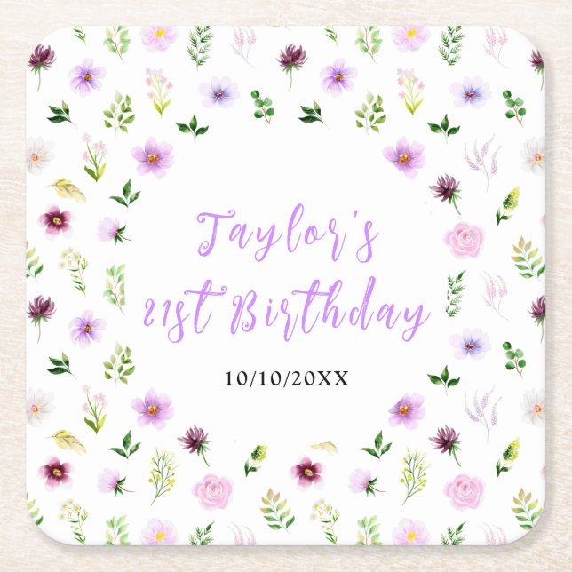 Porta-copo De Papel Quadrado Spring Purple Floral Birthday (Frente)