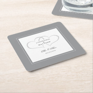 Porta-copo De Papel Quadrado Sr & Sra Gray & Branco Corações Elegantes Casament