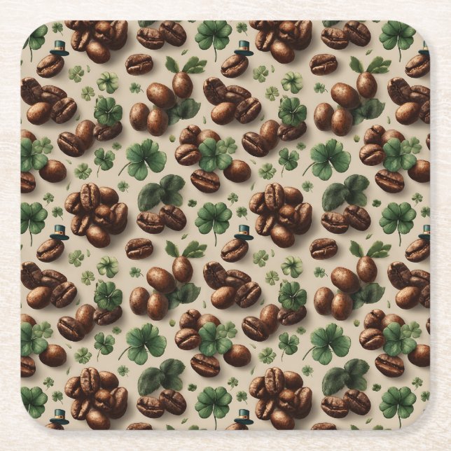 Porta-copo De Papel Quadrado St. Patrick’s Day Coffee & Shamrock Pattern (Frente)