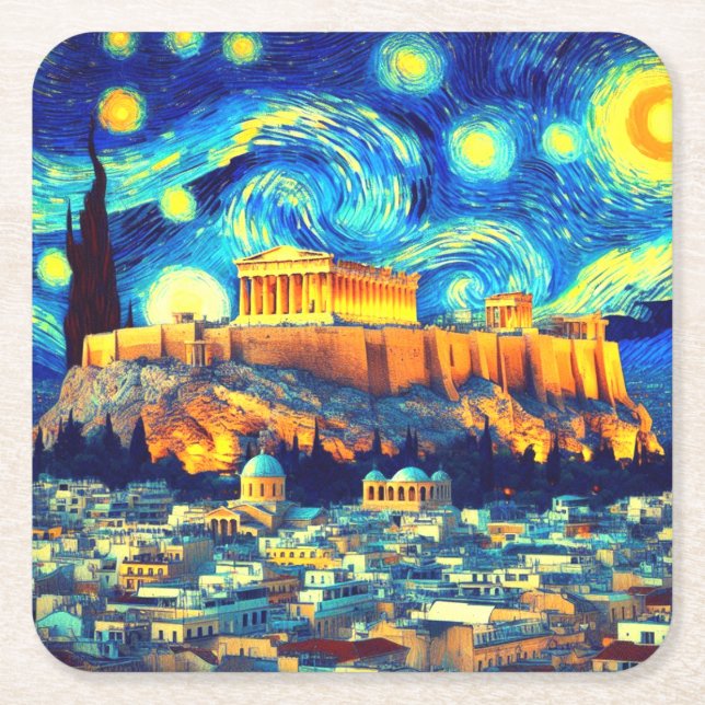 Porta-copo De Papel Quadrado Starry Night Acropolis Athens Grécia (Frente)