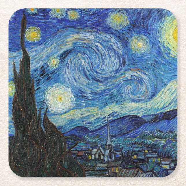 Porta-copo De Papel Quadrado Starry Night, Vincent van Gogh (Frente)