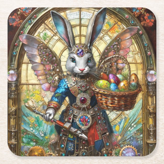 Porta-copo De Papel Quadrado Steampunk Easter Bunny Warrior Angel (Frente)