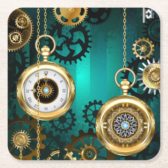 Porta-copo De Papel Quadrado Steampunk Jewelry Watch em um fundo verde (Frente)