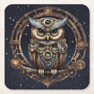 Porta-copo De Papel Quadrado Steampunk Owl contra o céu estrelado