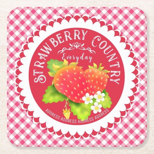 Porta-copo De Papel Quadrado Strawberry Doily Red Gingham (Frente)