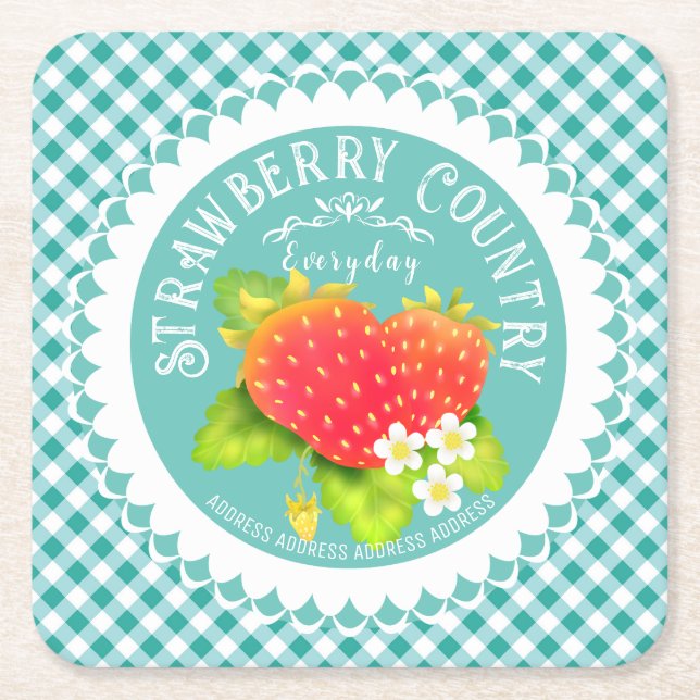 Porta-copo De Papel Quadrado Strawberry Doily Teal Gingham (Frente)