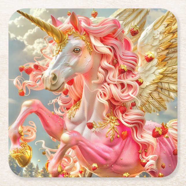 Porta-copo De Papel Quadrado Strawberry Unicorn (Frente)