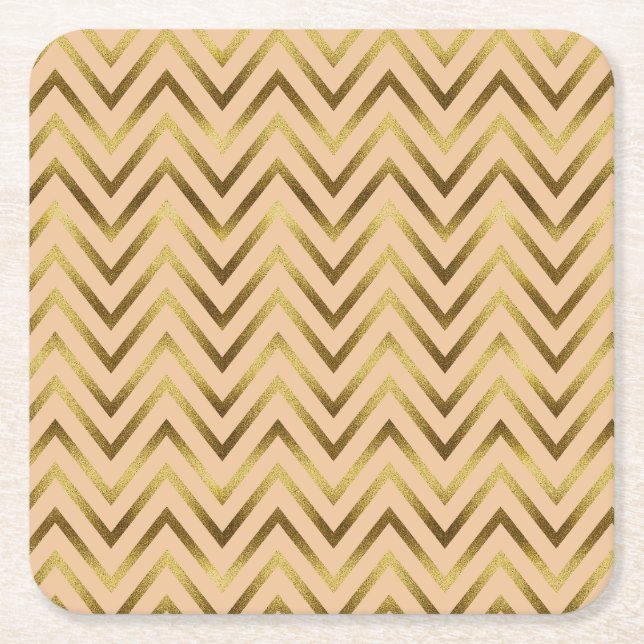 Porta-copo De Papel Quadrado Stripe de Chevron Dourado e Pêssego (Frente)