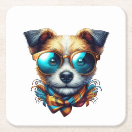 Porta-copo De Papel Quadrado Stylish Dog With Glasses Colorful Modern Pet Art