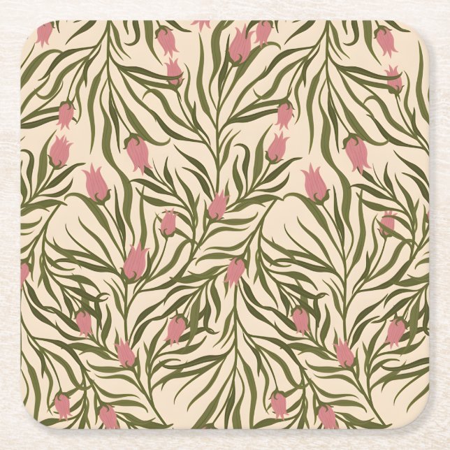 Porta-copo De Papel Quadrado Stylized pink bell-shaped floral pattern (Frente)