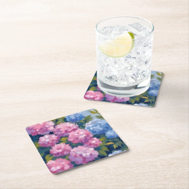 Porta-copo De Papel Quadrado Summer Hydrangeas | Pink & Blue Coastal Flowers (Insitu)