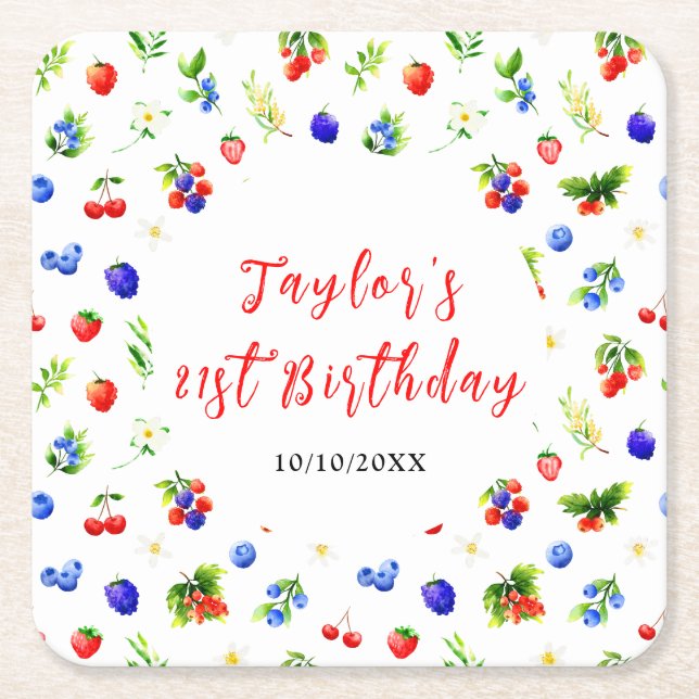 Porta-copo De Papel Quadrado Summer Mixed Berries Birthday Party (Frente)