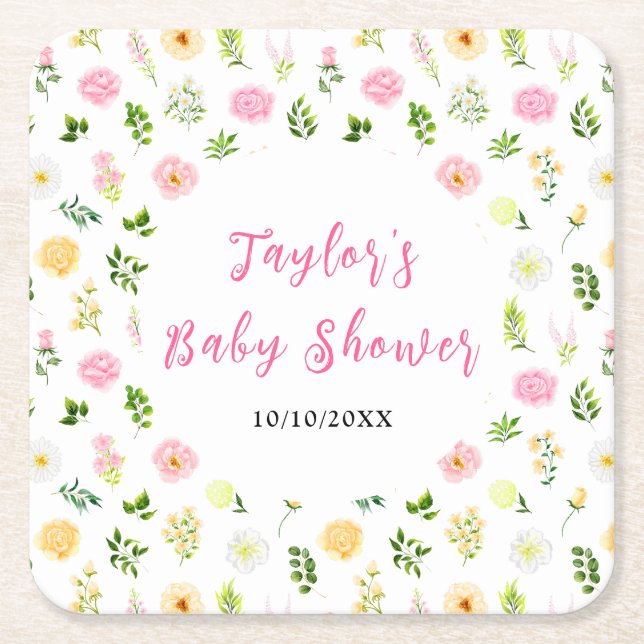 Porta-copo De Papel Quadrado Summer Pink and Yellow Floral Baby Shower (Frente)