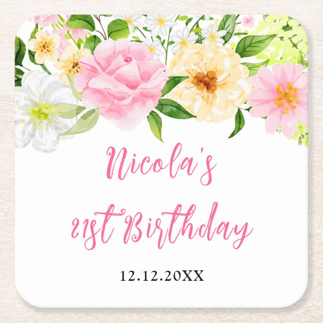 Porta-copo De Papel Quadrado Summer Pink and Yellow Floral Birthday (Frente)
