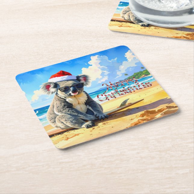 Porta-copo De Papel Quadrado Sun e Surf Koala Santa Hat (Inclinado)