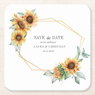 Porta-copo De Papel Quadrado Sunflower Floral Dourado Geométrico Salvar Data