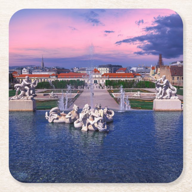 Porta-copo De Papel Quadrado Sunset over fountain em Viena (Frente)