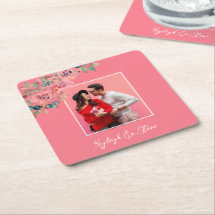 Porta-copo De Papel Quadrado Suporte Personalizado com Foto e Nomes de Casament