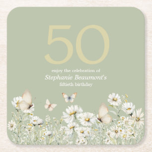 Porta-copo De Papel Quadrado Surpresa Branca de Flor Selvagem 50º Aniversário