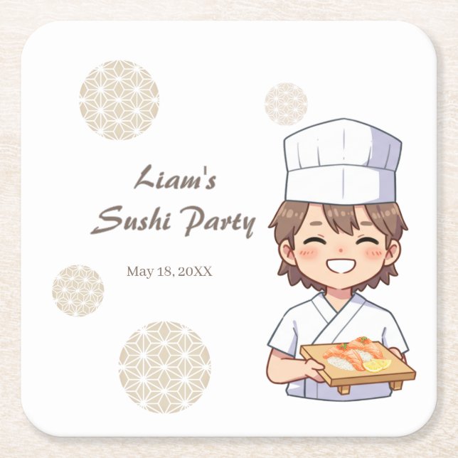 Porta-copo De Papel Quadrado Sushi Birthday Party Invitation with Cute Anime  (Frente)