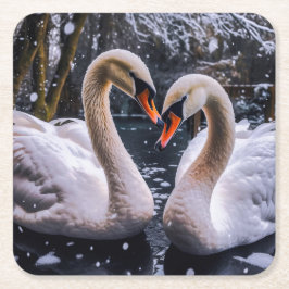 Porta-copo De Papel Quadrado Swans Românticos em uma Terra Maravilha de inverno
